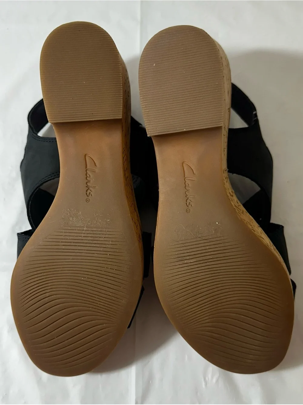 Clarks Black Suede Cork Wedge Sandals Size 11